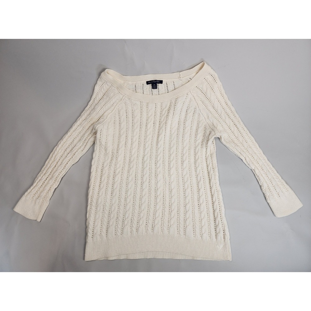 American Eagle‎ Women Classic Cable Knit Wool Blend Sweater Ivory Cream Preppy M